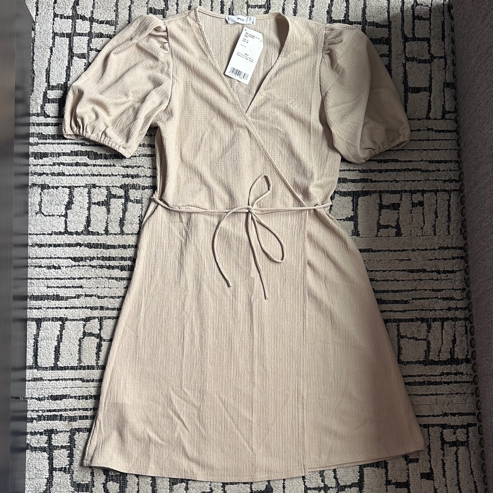 Mango Beige Puff Sleeve Mini Dress